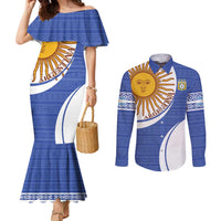 Custom Argentina Football Couples Matching Mermaid Dress and Long Sleeve Button Shirt Vamos La Albiceleste - Navy Blue Version