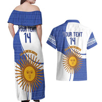 Custom Argentina Football Couples Matching Off Shoulder Maxi Dress and Hawaiian Shirt Vamos La Albiceleste - Navy Blue Version - Wonder Print Shop