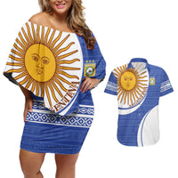 Custom Argentina Football Couples Matching Off Shoulder Short Dress and Hawaiian Shirt Vamos La Albiceleste - Navy Blue Version - Wonder Print Shop
