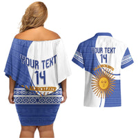 Custom Argentina Football Couples Matching Off Shoulder Short Dress and Hawaiian Shirt Vamos La Albiceleste - Navy Blue Version - Wonder Print Shop