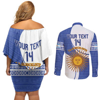 Custom Argentina Football Couples Matching Off Shoulder Short Dress and Long Sleeve Button Shirt Vamos La Albiceleste - Navy Blue Version - Wonder Print Shop