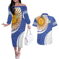Custom Argentina Football Couples Matching Off The Shoulder Long Sleeve Dress and Hawaiian Shirt Vamos La Albiceleste - Navy Blue Version - Wonder Print Shop