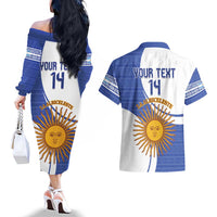 Custom Argentina Football Couples Matching Off The Shoulder Long Sleeve Dress and Hawaiian Shirt Vamos La Albiceleste - Navy Blue Version - Wonder Print Shop