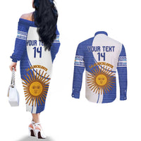 Custom Argentina Football Couples Matching Off The Shoulder Long Sleeve Dress and Long Sleeve Button Shirt Vamos La Albiceleste - Navy Blue Version
