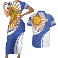 Custom Argentina Football Couples Matching Short Sleeve Bodycon Dress and Hawaiian Shirt Vamos La Albiceleste - Navy Blue Version - Wonder Print Shop