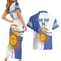 Custom Argentina Football Couples Matching Short Sleeve Bodycon Dress and Hawaiian Shirt Vamos La Albiceleste - Navy Blue Version - Wonder Print Shop