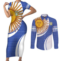 Custom Argentina Football Couples Matching Short Sleeve Bodycon Dress and Long Sleeve Button Shirt Vamos La Albiceleste - Navy Blue Version - Wonder Print Shop