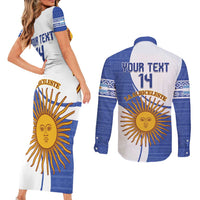 Custom Argentina Football Couples Matching Short Sleeve Bodycon Dress and Long Sleeve Button Shirt Vamos La Albiceleste - Navy Blue Version - Wonder Print Shop