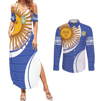 Custom Argentina Football Couples Matching Summer Maxi Dress and Long Sleeve Button Shirt Vamos La Albiceleste - Navy Blue Version - Wonder Print Shop