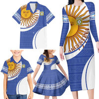Custom Argentina Football Family Matching Long Sleeve Bodycon Dress and Hawaiian Shirt Vamos La Albiceleste - Navy Blue Version - Wonder Print Shop