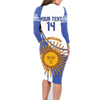 Custom Argentina Football Family Matching Long Sleeve Bodycon Dress and Hawaiian Shirt Vamos La Albiceleste - Navy Blue Version - Wonder Print Shop