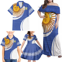Custom Argentina Football Family Matching Off Shoulder Maxi Dress and Hawaiian Shirt Vamos La Albiceleste - Navy Blue Version - Wonder Print Shop
