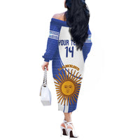 Custom Argentina Football Off The Shoulder Long Sleeve Dress Vamos La Albiceleste - Navy Blue Version - Wonder Print Shop