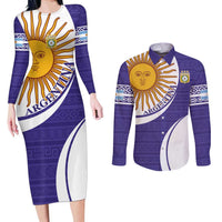 Custom Argentina Football Couples Matching Long Sleeve Bodycon Dress and Long Sleeve Button Shirt Vamos La Albiceleste - Purple Version - Wonder Print Shop
