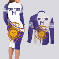Custom Argentina Football Couples Matching Long Sleeve Bodycon Dress and Long Sleeve Button Shirt Vamos La Albiceleste - Purple Version - Wonder Print Shop