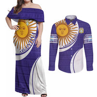 Custom Argentina Football Couples Matching Off Shoulder Maxi Dress and Long Sleeve Button Shirt Vamos La Albiceleste - Purple Version - Wonder Print Shop