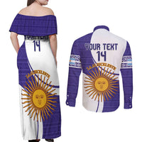 Custom Argentina Football Couples Matching Off Shoulder Maxi Dress and Long Sleeve Button Shirt Vamos La Albiceleste - Purple Version - Wonder Print Shop