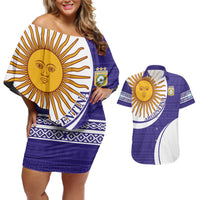 Custom Argentina Football Couples Matching Off Shoulder Short Dress and Hawaiian Shirt Vamos La Albiceleste - Purple Version - Wonder Print Shop