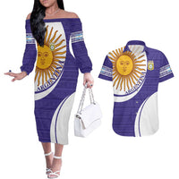 Custom Argentina Football Couples Matching Off The Shoulder Long Sleeve Dress and Hawaiian Shirt Vamos La Albiceleste - Purple Version - Wonder Print Shop