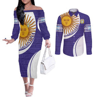 Custom Argentina Football Couples Matching Off The Shoulder Long Sleeve Dress and Long Sleeve Button Shirt Vamos La Albiceleste - Purple Version