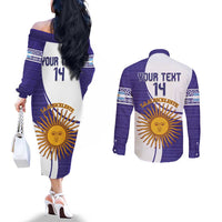 Custom Argentina Football Couples Matching Off The Shoulder Long Sleeve Dress and Long Sleeve Button Shirt Vamos La Albiceleste - Purple Version