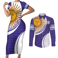 Custom Argentina Football Couples Matching Short Sleeve Bodycon Dress and Long Sleeve Button Shirt Vamos La Albiceleste - Purple Version - Wonder Print Shop
