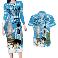 Custom Argentina Football 2024 Couples Matching Long Sleeve Bodycon Dress and Hawaiian Shirt Vamos La Seleccion We Are The Champions - Wonder Print Shop