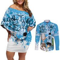 Custom Argentina Football 2024 Couples Matching Off Shoulder Short Dress and Long Sleeve Button Shirt Vamos La Seleccion We Are The Champions - Wonder Print Shop