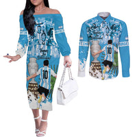 Custom Argentina Football 2024 Couples Matching Off The Shoulder Long Sleeve Dress and Long Sleeve Button Shirt Vamos La Seleccion We Are The Champions