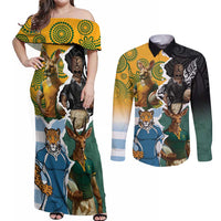 Personalised Rugby 2025 Championship Couples Matching Off Shoulder Maxi Dress and Long Sleeve Button Shirt Southern Hemisphere Countries Mascots - Wonder Print Shop