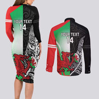 New Zealand and Wales Rugby Custom Couples Matching Long Sleeve Bodycon Dress and Long Sleeve Button Shirt Aotearoa All Black Combine Welsh Dragon - Wonder Print Shop