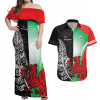 New Zealand and Wales Rugby Custom Couples Matching Off Shoulder Maxi Dress and Hawaiian Shirt Aotearoa All Black Combine Welsh Dragon - Wonder Print Shop