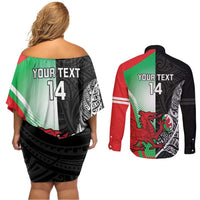 New Zealand and Wales Rugby Custom Couples Matching Off Shoulder Short Dress and Long Sleeve Button Shirt Aotearoa All Black Combine Welsh Dragon - Wonder Print Shop