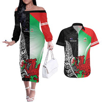New Zealand and Wales Rugby Custom Couples Matching Off The Shoulder Long Sleeve Dress and Hawaiian Shirt Aotearoa All Black Combine Welsh Dragon - Wonder Print Shop