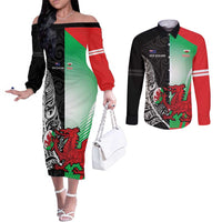 New Zealand and Wales Rugby Custom Couples Matching Off The Shoulder Long Sleeve Dress and Long Sleeve Button Shirt Aotearoa All Black Combine Welsh Dragon - Wonder Print Shop