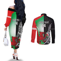 New Zealand and Wales Rugby Custom Couples Matching Off The Shoulder Long Sleeve Dress and Long Sleeve Button Shirt Aotearoa All Black Combine Welsh Dragon - Wonder Print Shop