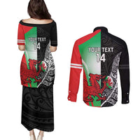 New Zealand and Wales Rugby Custom Couples Matching Puletasi and Long Sleeve Button Shirt Aotearoa All Black Combine Welsh Dragon - Wonder Print Shop