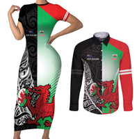 New Zealand and Wales Rugby Custom Couples Matching Short Sleeve Bodycon Dress and Long Sleeve Button Shirt Aotearoa All Black Combine Welsh Dragon - Wonder Print Shop