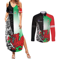 New Zealand and Wales Rugby Custom Couples Matching Summer Maxi Dress and Long Sleeve Button Shirt Aotearoa All Black Combine Welsh Dragon - Wonder Print Shop