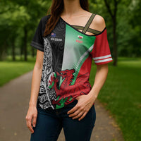 New Zealand and Wales Rugby Custom Cross Shoulder Shirt Aotearoa All Black Combine Welsh Dragon - Wonder Print Shop