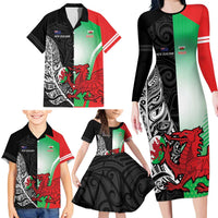 New Zealand and Wales Rugby Custom Family Matching Long Sleeve Bodycon Dress and Hawaiian Shirt Aotearoa All Black Combine Welsh Dragon - Wonder Print Shop