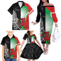 New Zealand and Wales Rugby Custom Family Matching Off The Shoulder Long Sleeve Dress and Hawaiian Shirt Aotearoa All Black Combine Welsh Dragon - Wonder Print Shop