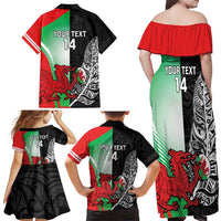 New Zealand and Wales Rugby Custom Family Matching Off Shoulder Maxi Dress and Hawaiian Shirt Aotearoa All Black Combine Welsh Dragon - Wonder Print Shop