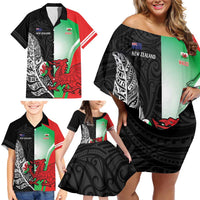 New Zealand and Wales Rugby Custom Family Matching Off Shoulder Short Dress and Hawaiian Shirt Aotearoa All Black Combine Welsh Dragon - Wonder Print Shop