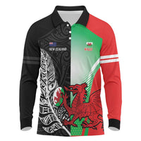 New Zealand and Wales Rugby Custom Long Sleeve Polo Shirt Aotearoa All Black Combine Welsh Dragon - Wonder Print Shop