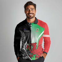 New Zealand and Wales Rugby Custom Long Sleeve Polo Shirt Aotearoa All Black Combine Welsh Dragon - Wonder Print Shop