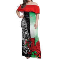 New Zealand and Wales Rugby Custom Off Shoulder Maxi Dress Aotearoa All Black Combine Welsh Dragon - Wonder Print Shop