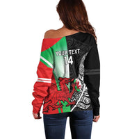 New Zealand and Wales Rugby Custom Off Shoulder Sweater Aotearoa All Black Combine Welsh Dragon - Wonder Print Shop