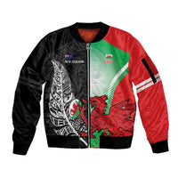 New Zealand and Wales Rugby Custom Sleeve Zip Bomber Jacket Aotearoa All Black Combine Welsh Dragon - Wonder Print Shop
