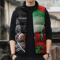 New Zealand and Wales Rugby Custom Sleeveless Puffer Jacket Aotearoa All Black Combine Welsh Dragon - Wonder Print Shop